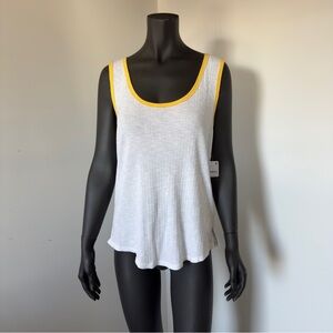 219. Free People NWT White Thermal Waffle Knit Tank Yellow Trim Size M